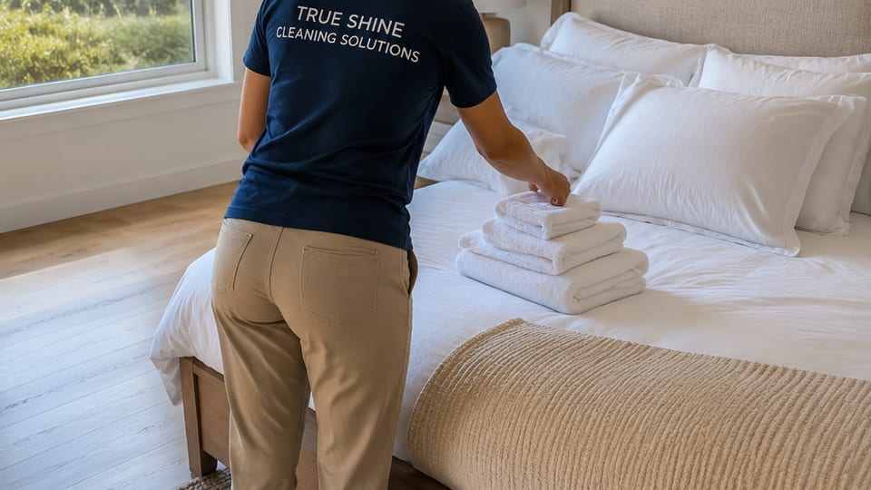Vacation rental bedroom being prepared with fresh linens for the next guest