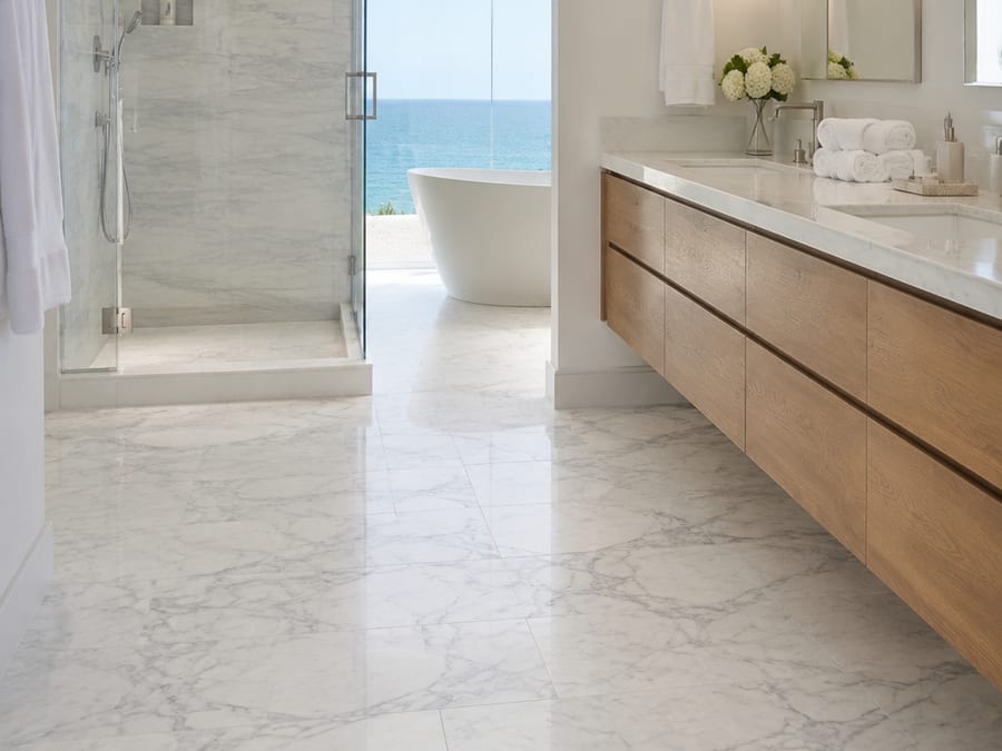 Spotless coastal bathroom with polished marble floors and folded towels