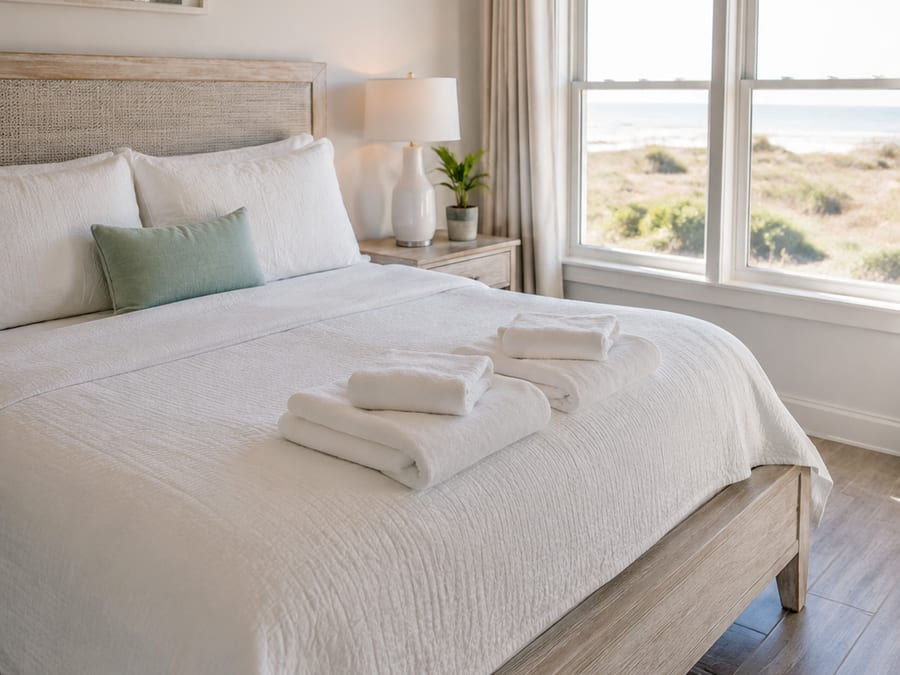 Vacation rental bedroom with fresh linens and towels set out for arriving guests